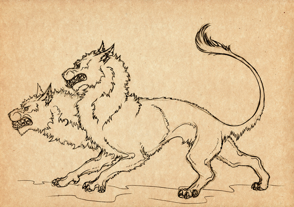 a line drawing of Orthrus, a ferocious two headed dog by Blue Lotus Art.
